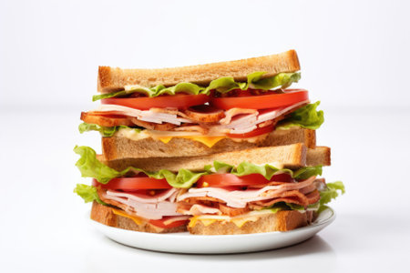 Layered tall club sandwich on the white background with ham, cheese, tomatoes, lettuceの素材
