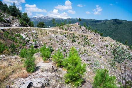 The viewpoint of Junceda, at an altitude of 915 meters, where entire valley of the Geres river can be seen, mountains on the backgroundの写真素材