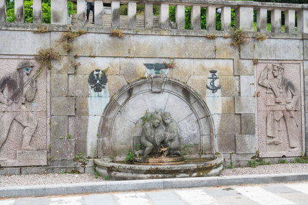 Fountain in Park Monte del Castro, park located on a hill in Vigo, the biggest city in Galicia Region, in the North of Spain, selective focusの写真素材