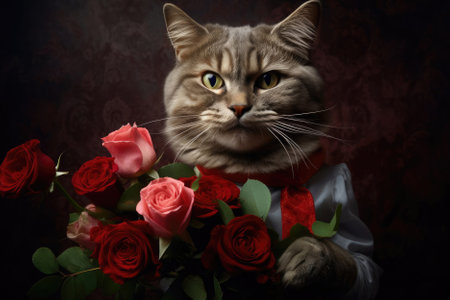 Grey male cat holding red flowers roses in his paws, creative concept, giftの素材