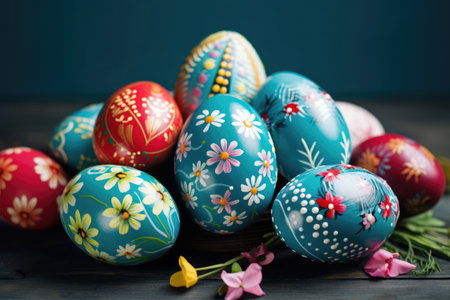 Dyed easter eggs in red and blue, patterned with flowers on the wooden table, blue backgroundの素材