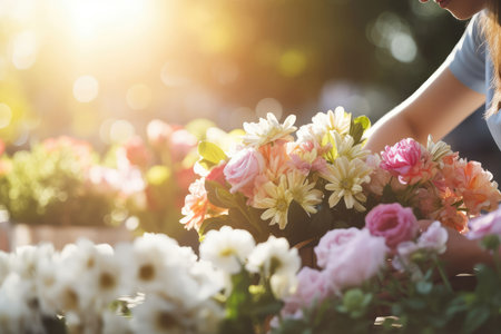 Florist or gardeners hands arranging pastel colored pink and yellow spring flowers, backlightの素材