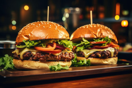 Close up of juicy burgers or cheeseburgers in the dark restaurant or the bar, with melted cheese, tomatoes, salad, blurred backgroundの素材