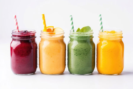 Four colorful smoothies in glass jars on the white background with strawsの素材