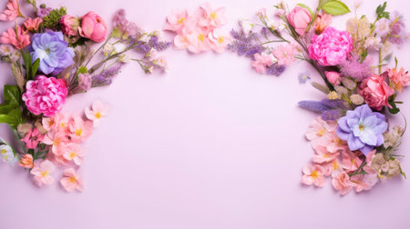 Floral background banner. Top view of spring and summer flowers in pink, coral purple on pink background, copy space for textの素材