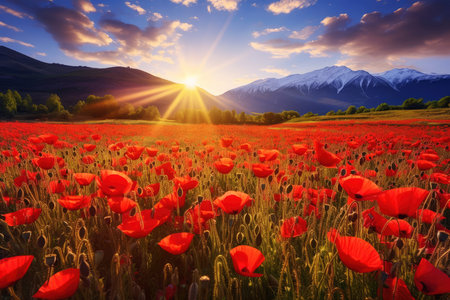 Beautiful field full of red poppies, mountains on the background, backlight, against the sunの素材