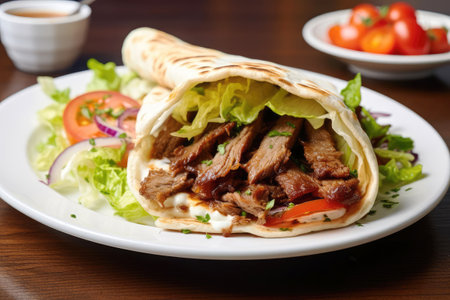 Turkish kebab doner, lamb and salad with lettuce, tomatoes in a wrapの素材