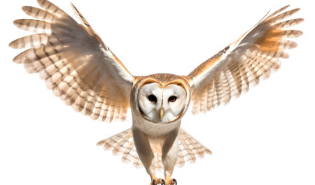 Close up of the barn owl in flight, against the light, selective focus on white backgroundの素材