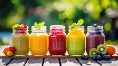 Five colorful smoothies on the wooden table outdoors, blurred tropical background, against the sun, bannerの素材