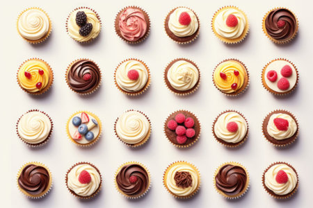 Top view of the assortment of many different cupcakes with colorful frosting and berries on white table background. Bakery conceptの素材