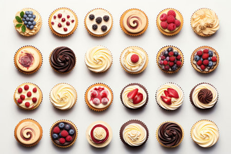 Top view of the assortment of many different cupcakes with colorful frosting and berries on white table background. Bakery conceptの素材