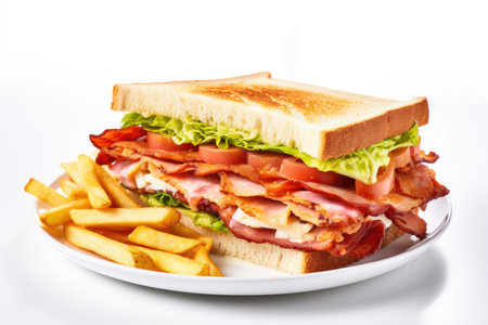 Layered tall club sandwich on the white background with ham, cheese, tomatoes, lettuce served on white plate with chipsの素材
