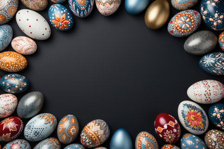 Beautiful colorful easter eggs background in various sizes, in different patterns and colors, top view on dark table, copy space for textの素材