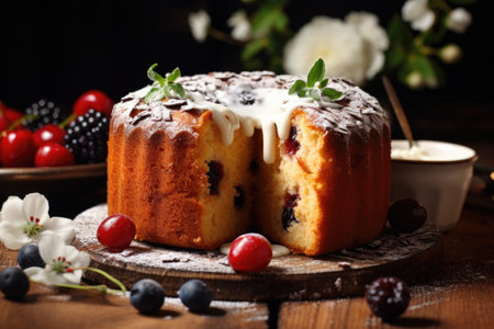 Traditional Easter cake Kulich with dried fruits, decorated with berries, flowers on the backgroundの素材