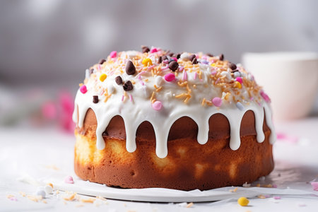 Traditional Easter cake Kulich decorated with glazing and colorful sprinklesの素材