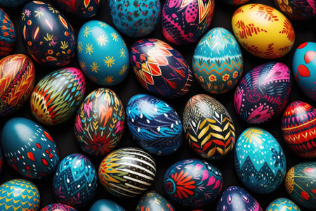 Beautiful colorful easter eggs background in various sizes, in different patterns and colors, top viewの素材