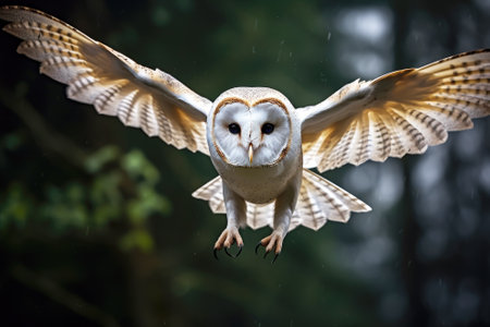 Close up of the barn owl in flight, against the light, selective focus, blurred backgroundの素材