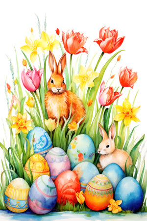 Easter postcard concept. Cute fluffy bunny in watercolor style with flowers, colorful eggs on the light backgroundの素材