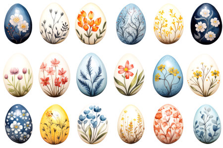 Watercolor style painted Easter eggs on white background, with different designs and patterns. Postcardの素材
