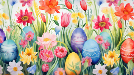 Spring watercolor style painted illustration with vibrant Easter eggs with different designs and patterns, spring flowers on white background. Postcard or bannerの素材
