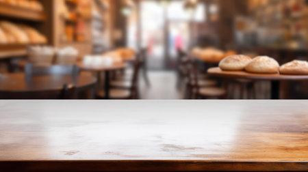 Mock up, bakery set up, wooden table in the front with space for products, different breads in the back, blurred backgroundの素材