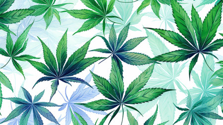 Floral background, many cannabis or hemp leaves in watercolor painting style on white backgroundの素材