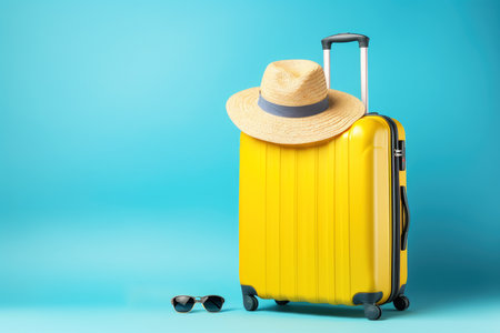 Travel mock up background. Yellow suitcase with summer straw hat on the bright blue backgroundの素材