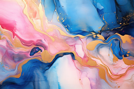 Beautiful marble background in pink, blue, gold. Template for invitation or creative backdrop. Acrylic pain pouring technic.の素材