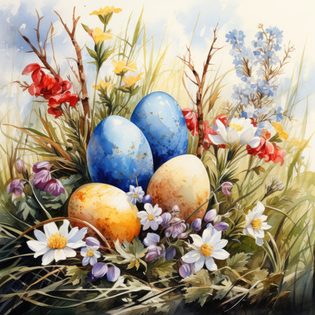 Easter postcard, square. Colorful Easter eggs in watercolor painting style in the spring flowers in the sunshine.の素材