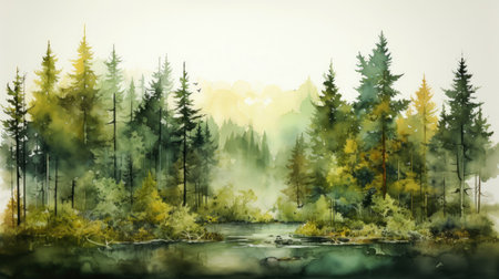 Watercolor style painting of the forest with fir trees, pines, lakes. Background in green shadesの素材