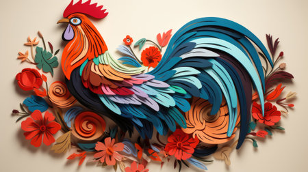 Layered paper art. Creative design of colorful beautiful cockerel in blue and red tones, in the style of quilling with flowers aroundの素材