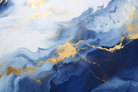 Beautiful marble background in blue, gold, white. Template for invitation or creative backdrop. Acrylic pain pouring technic.の素材
