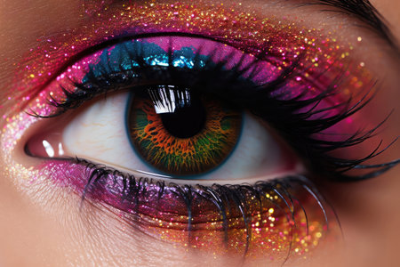 Macro extreme close up of woman green and brown eye with make up, shiny pink and blue eye shadow, mascaraの素材