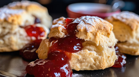 English cream tea, scones close up with raisins or sultanas, with jam leaking out, british cornish pastriesの素材