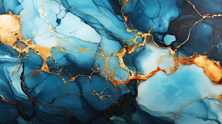 Beautiful marble or acrylic pouring or alcohol ink background in blue, gold, white. Template for invitation or creative backdrop, bannerの素材