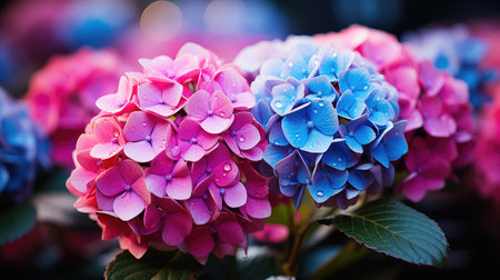 Beautiful floral background banner. Close up of hydrangeas in pink, blue, lilacの素材