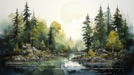 Watercolor style painting of the forest with fir trees, pines, lakes. Background in green shadesの素材