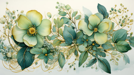 Beautiful floral illustration in watercolor painting style in delicate green tones and gold ink. Invitation template, bannerの素材