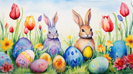Easter postcard concept. Cute fluffy bunnies in watercolor style with flowers, colorful eggs on the light background. Vibrant bannerの素材