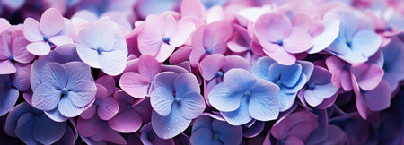 Beautiful floral background banner. Close up of hydrangeas in pink, blue, lilacの素材