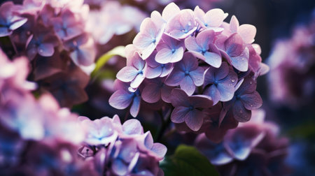 Beautiful floral background banner. Close up of hydrangeas in lilacの素材