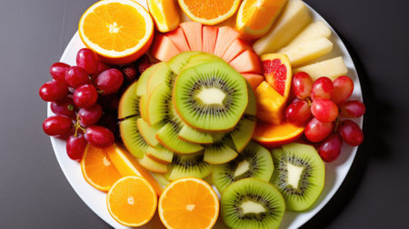 Top view of colorful raw cut fruits including oranges, kiwis, grapes, mangos on white plate, dark backgroundの素材