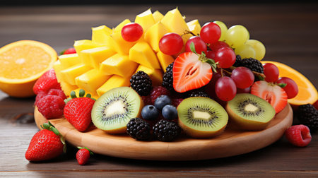 Side view of colorful raw cut fruits including oranges, kiwis, mangoes, strawberries and grapes on wooden board platter, dark table backgroundの素材