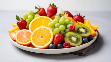 Side view of colorful raw cut fruits including oranges, kiwis, mangoes, strawberries and blueberries on white plate, light backgroundの素材
