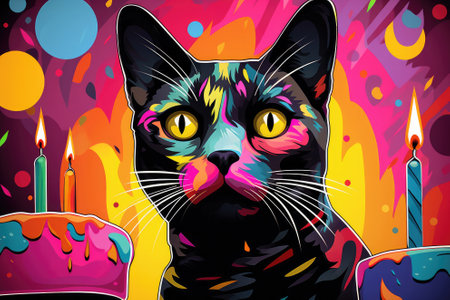 Painting of the cats in mix of different styles including street art, funk, pop art, oil style painting, vibrant colors, birthday or party celebration conceptの素材