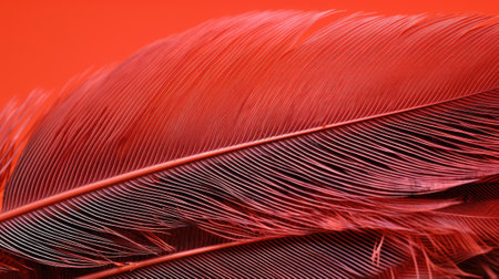 Close up of red feathers, red background.の素材