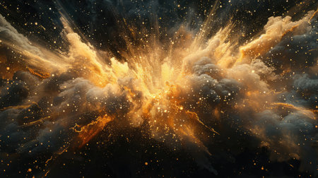 Abstract background, colorful powder explosions on dark background, smoke effect in yellow, gold, grey and blackの素材