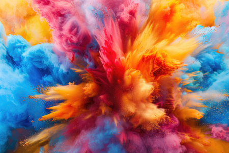 Abstract background, colorful powder explosions on dark background in red, yellow, blue, purple, orange colorsの素材