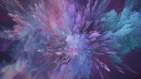 Abstract background, colorful powder explosions on dark background in blue and purpleの素材