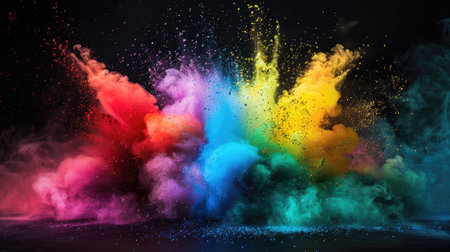 Abstract background, colorful powder explosions on dark background in red, yellow, blue, purple, orange colorsの素材